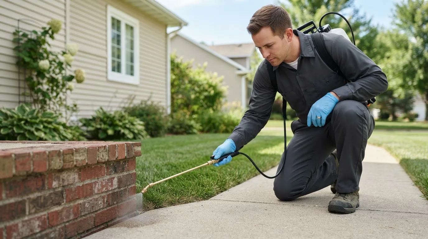 Pest control technician treating a home near Elmo, UT